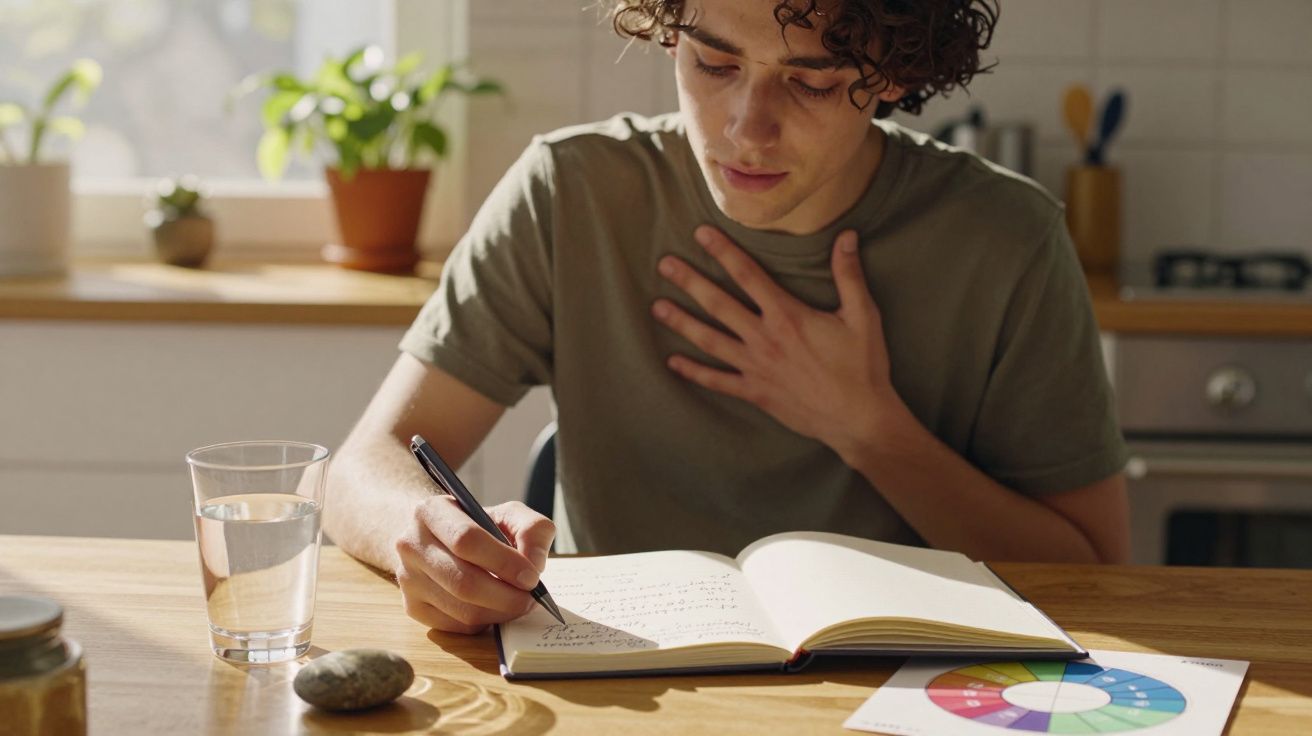 Pessoa jovem a escrever num caderno, com um copo de água e plantas na mesa à luz do sol.
