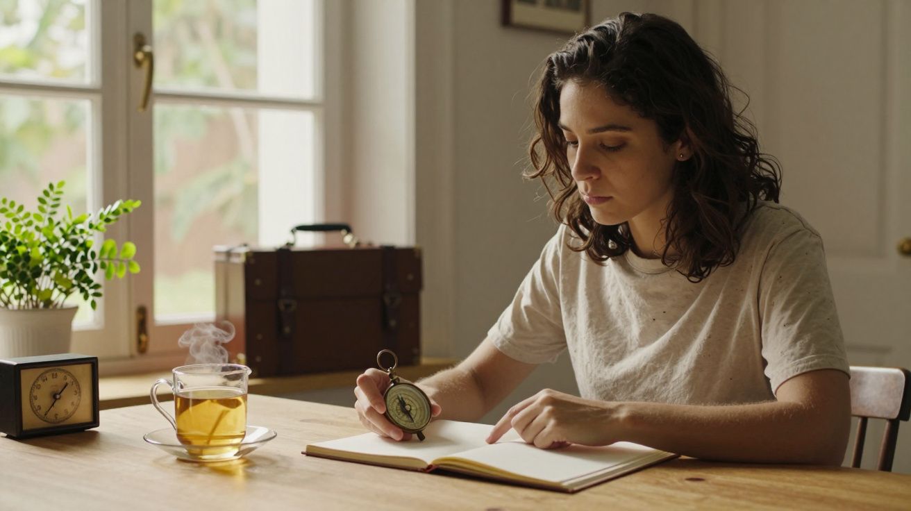Mulher escreve num caderno à mesa, com um bule de chá e um relógio. Ao fundo, uma mala e uma planta perto da janela.