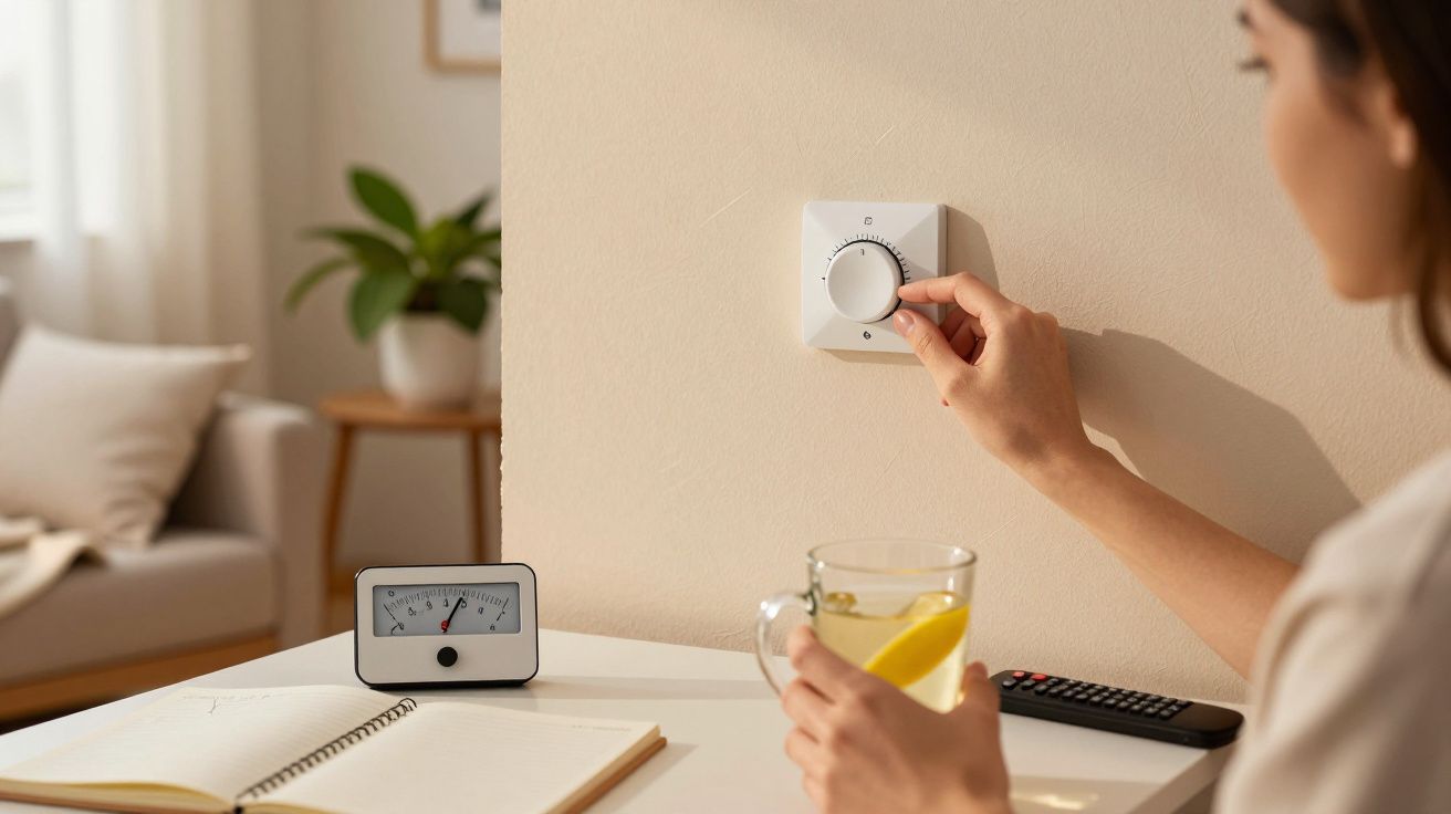 Mulher ajusta termóstato na parede, segurando bebida com limão; bloco de notas e relógio na mesa.