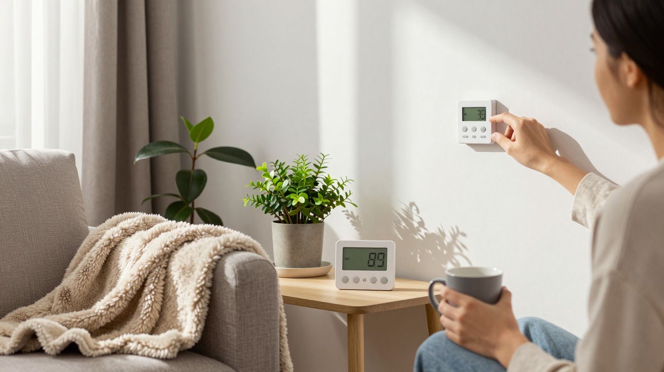Mulher ajusta termóstato na parede enquanto segura uma chávena, com planta e cobertor ao lado no sofá.
