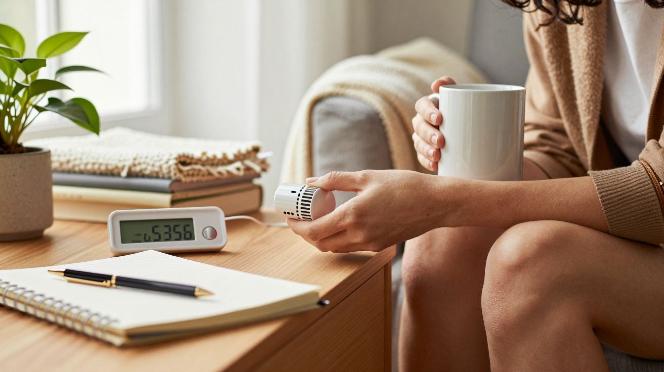 Pessoa segura copo de café e dispositivo junto a mesa com relógio, bloco de notas e planta.