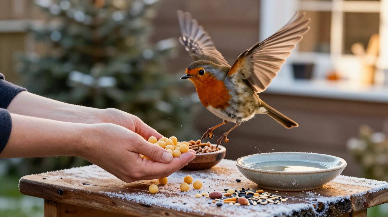 Mão alimenta um pisco-de-peito-ruivo em voo sobre uma mesa com água e sementes, num ambiente de jardim.