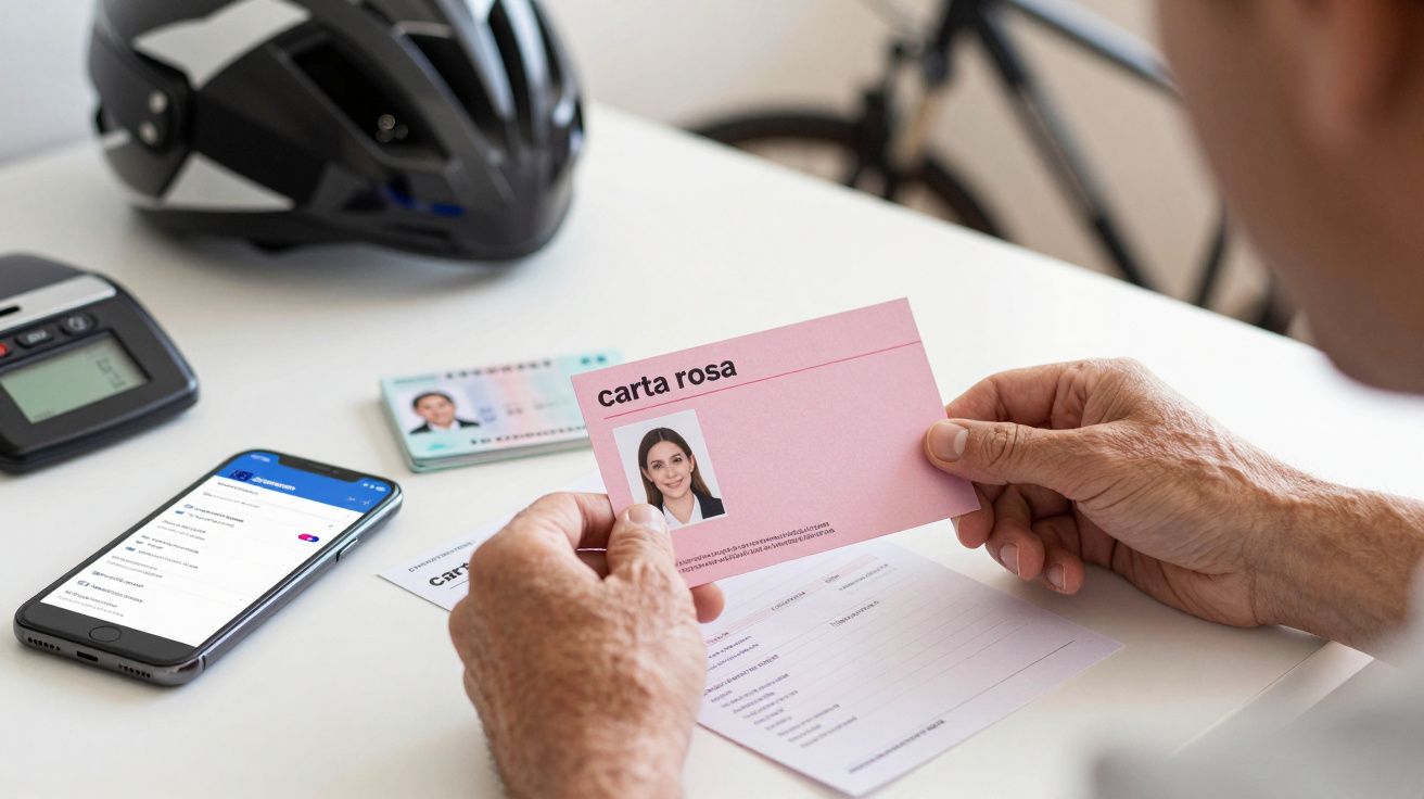 Pessoa segura carta rosa com foto. Há um capacete, smartphone e documentos sobre a mesa. Fundo desfocado com bicicleta.