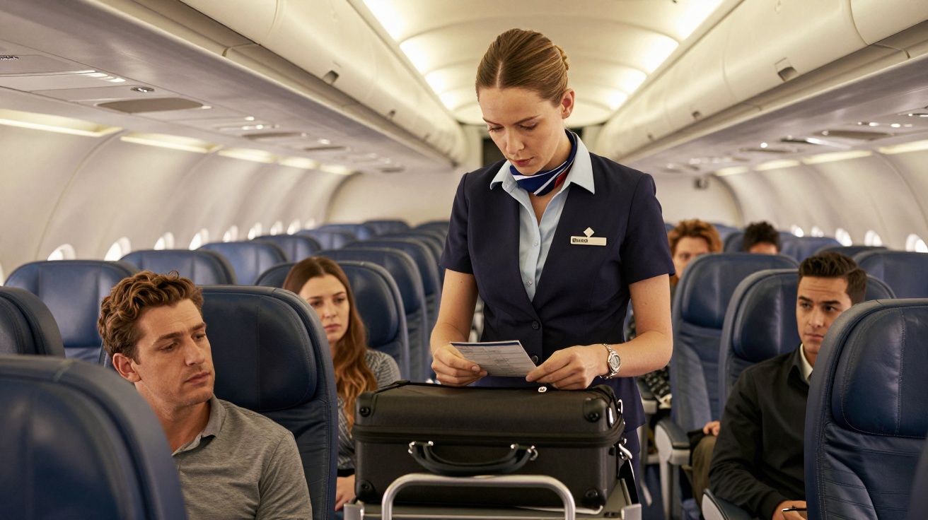Assistente de bordo em corredor de avião, verificando papéis ao lado de passageiros sentados em cadeiras azuis.