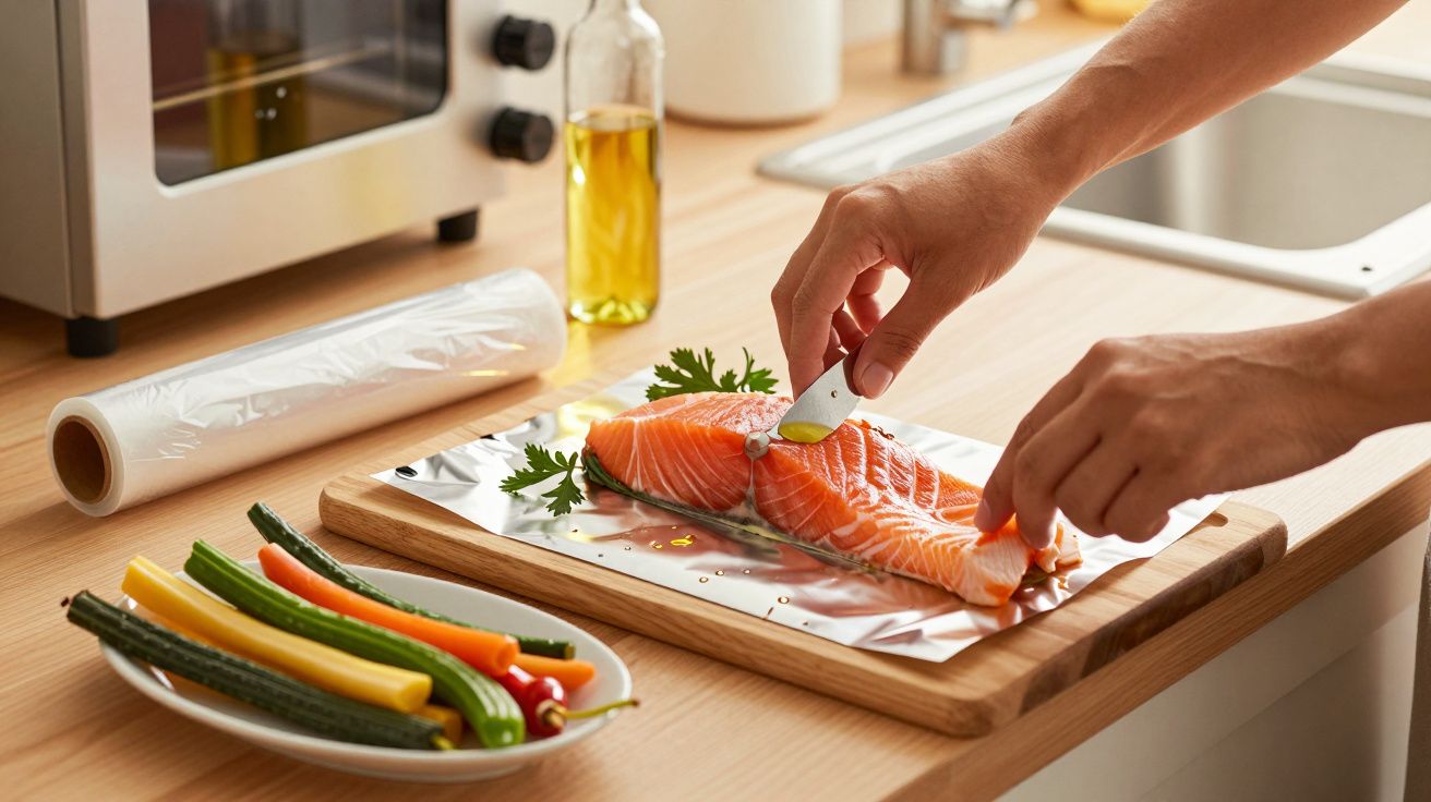Mãos preparando salmão em folha de alumínio, rodeado por legumes coloridos em bancada de cozinha.