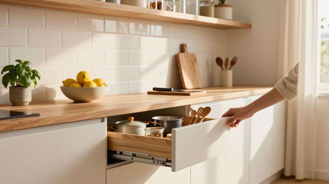 Pessoa abre gaveta com utensílios de cozinha em bancada de madeira; há plantas e taça de limões.