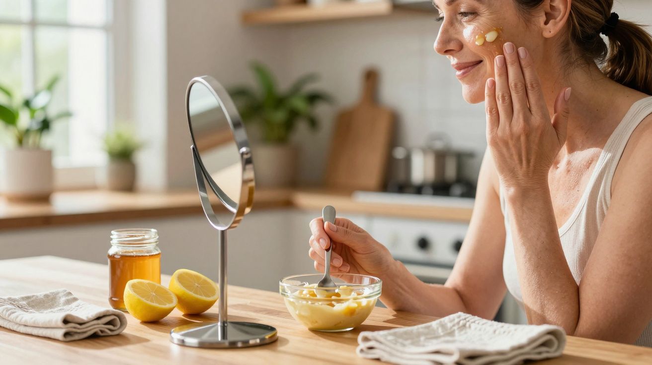 Mulher aplica máscara facial caseira com mel e limão na cozinha, diante de um espelho.