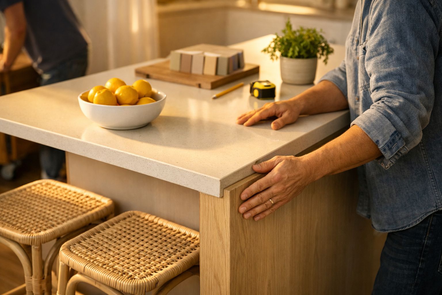 Mãos ajustam ilha de cozinha com bancada de mármore. Frutas numa taça e utensílios ao fundo.
