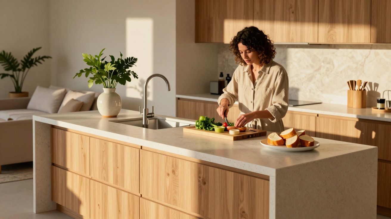 Mulher cozinha numa cozinha moderna com balcão de madeira clara, cortando vegetais ao lado de uma tigela de pão.