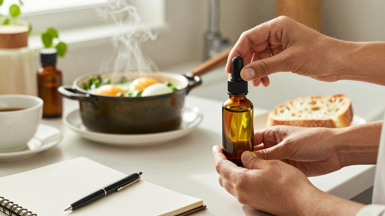 Pessoa segurando frasco de vidro com conta-gotas, fundo com panela fervendo e fatias de pão sobre a mesa.