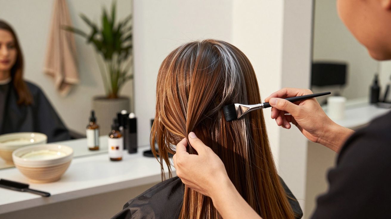 Cabeleireiro aplica tintura no cabelo de cliente em salão, com espelho e produtos ao fundo.