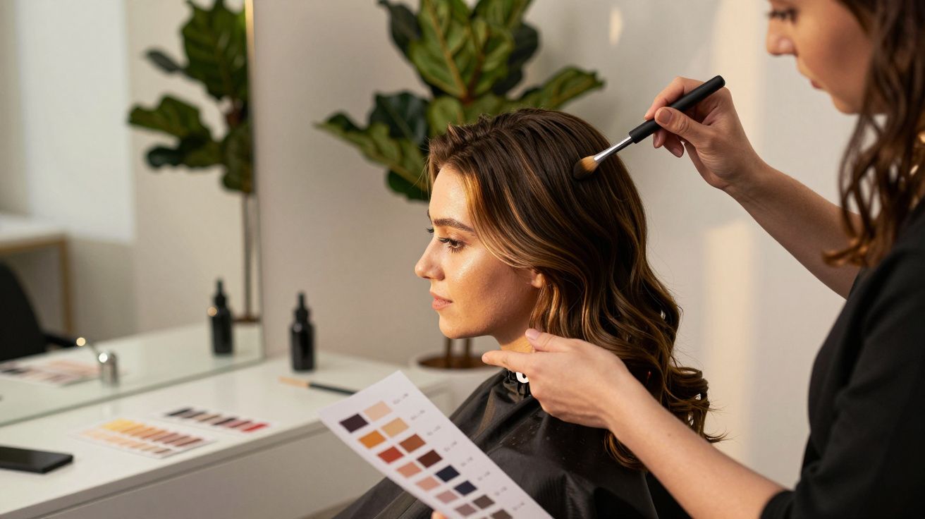 Mulher a ser maquilhada por profissional num salão, com amostras de cores e plantas ao fundo.