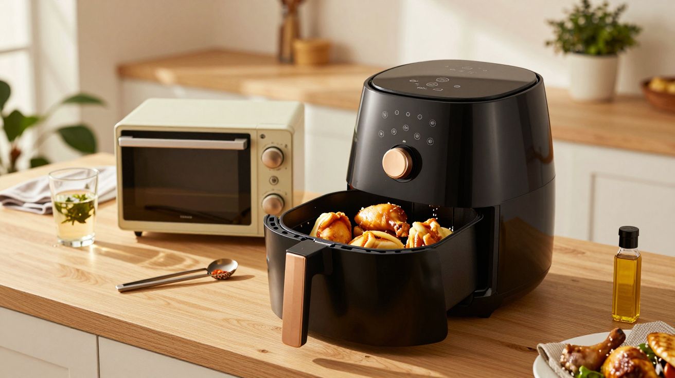 Fritadeira de ar preta com alimentos no balcão da cozinha, ao lado de mini forno e copo com bebida.