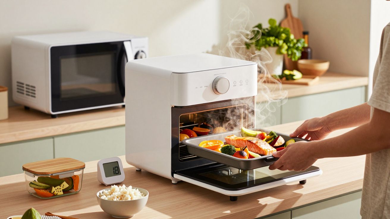 Pessoa a retirar tabuleiro com salmão e vegetais de um forno branco sobre bancada de cozinha, micro-ondas ao fundo.