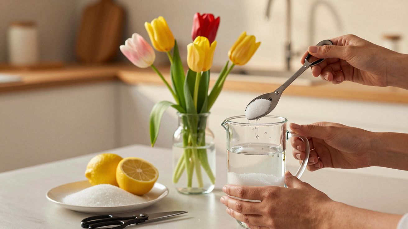 Mãos adicionam açúcar a um copo de água, com limões e um jarro de flores ao fundo numa cozinha.