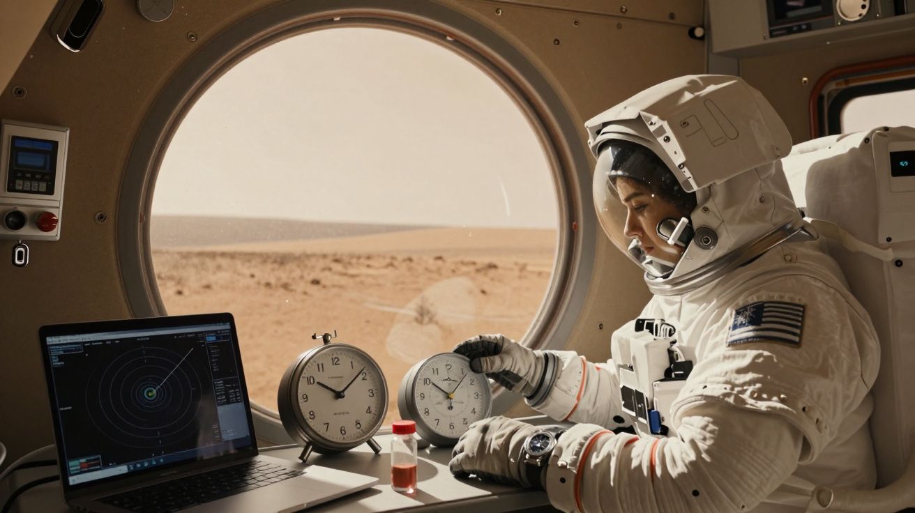 Astronauta num módulo espacial em Marte, ajusta relógios e verifica um laptop. Paisagem marciana visível pela janela.