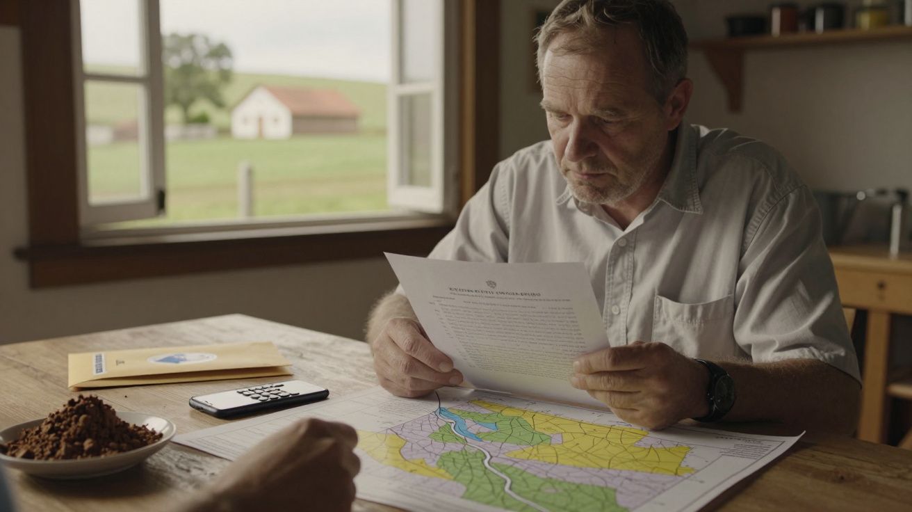 Homem sentado à mesa, lendo documento com mapa à frente, janela aberta ao fundo mostrando paisagem rural.