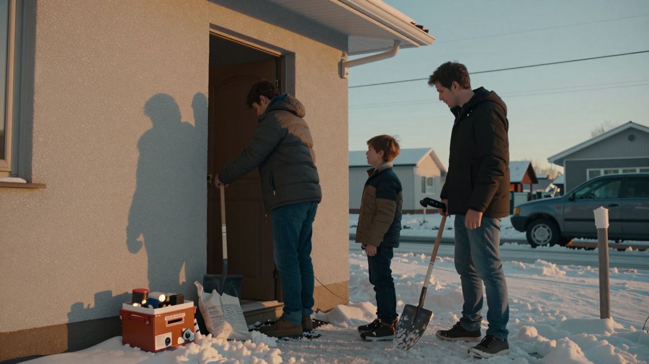 Três pessoas em frente a uma casa com neve; duas têm pás, uma abre a porta.