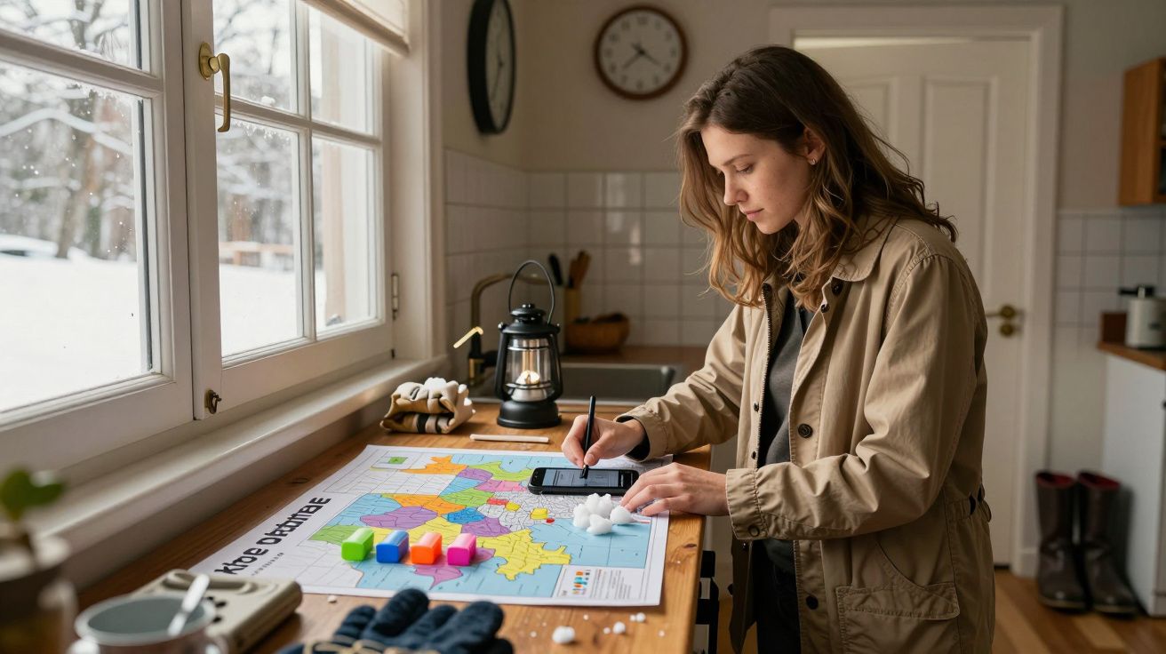 Mulher a escrever num caderno sobre um mapa numa cozinha, com neve visível pela janela.