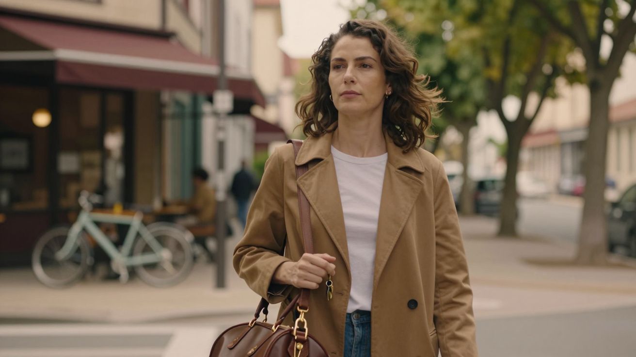 Mulher de cabelo ondulado e casaco bege, caminha numa rua arborizada, segurando uma mala castanha.
