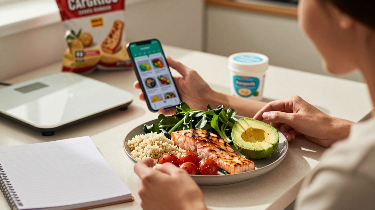 Pessoa a segurar um telemóvel e um prato com salmão grelhado, abacate, espinafres, quinoa e tomate-cereja.