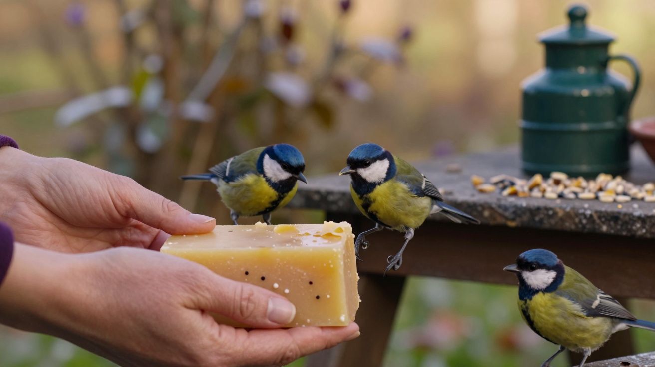 Mãos segurando bloco de comida com pássaros coloridos a bicar. Mesa ao fundo com milho.