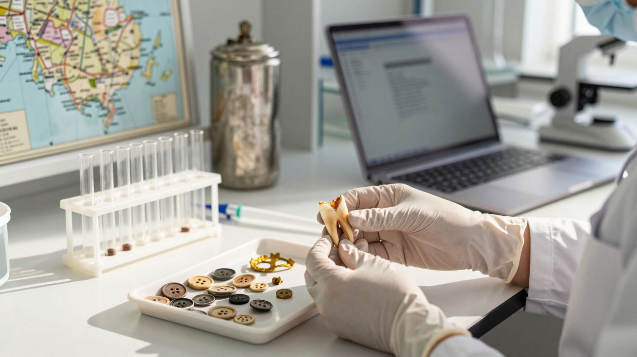 Cientista analisa botão antigo em laboratório com luvas, com mapa, provetas e computador ao fundo.