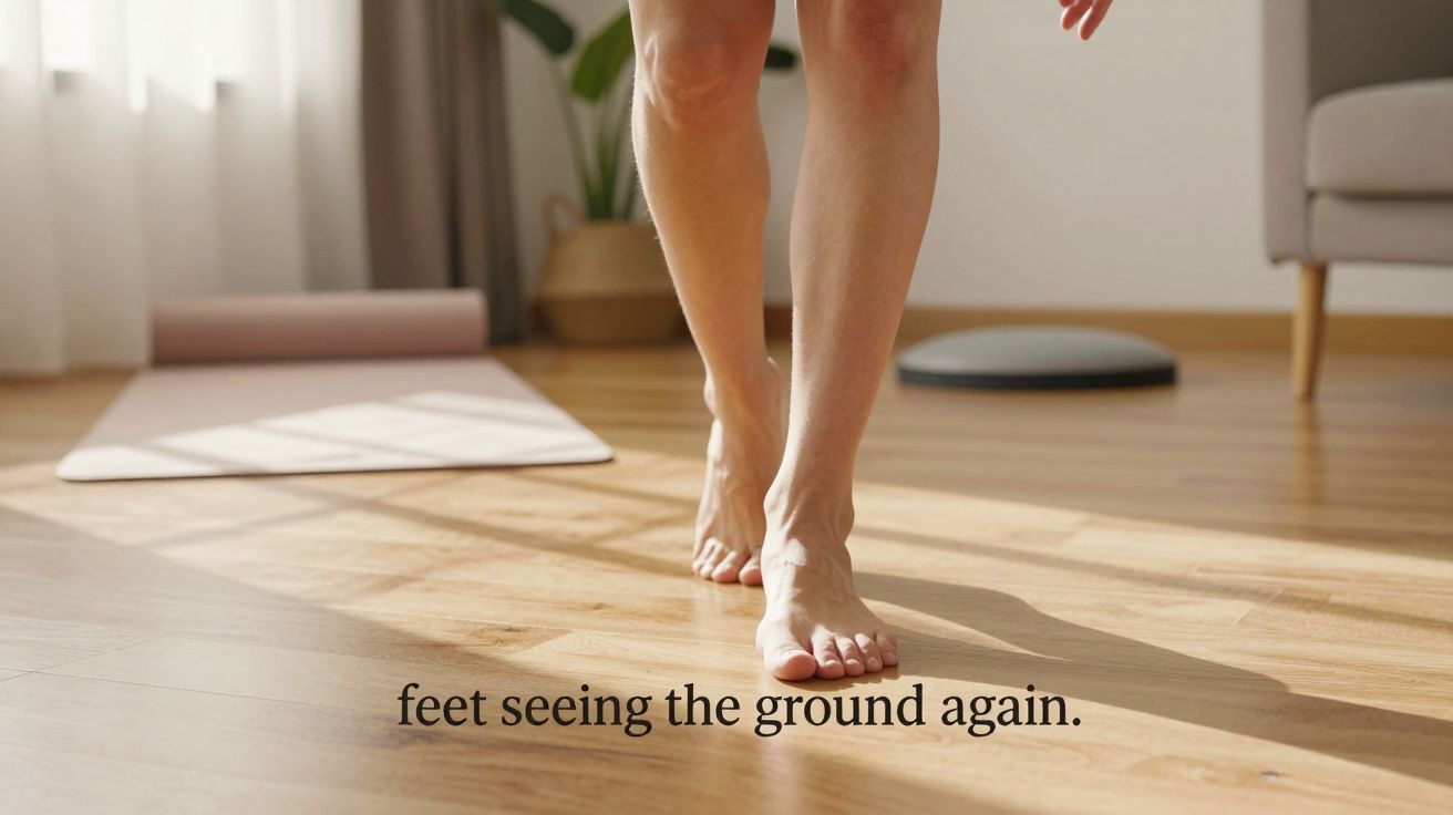 Pés descalços de uma pessoa andando num chão de madeira perto de um tapete de ioga e um puff.