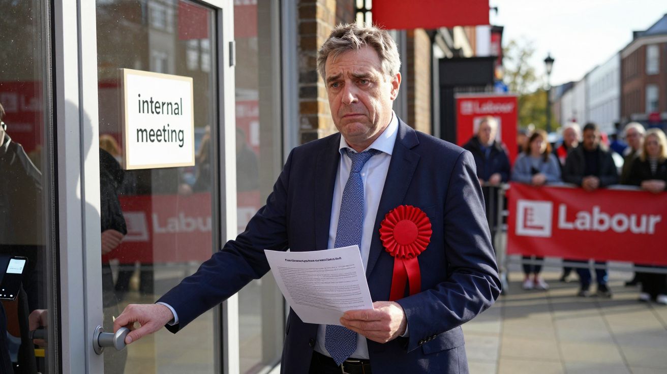 Homem segurando papel e usando emblema vermelho à porta de uma reunião interna, com apoiantes ao fundo.