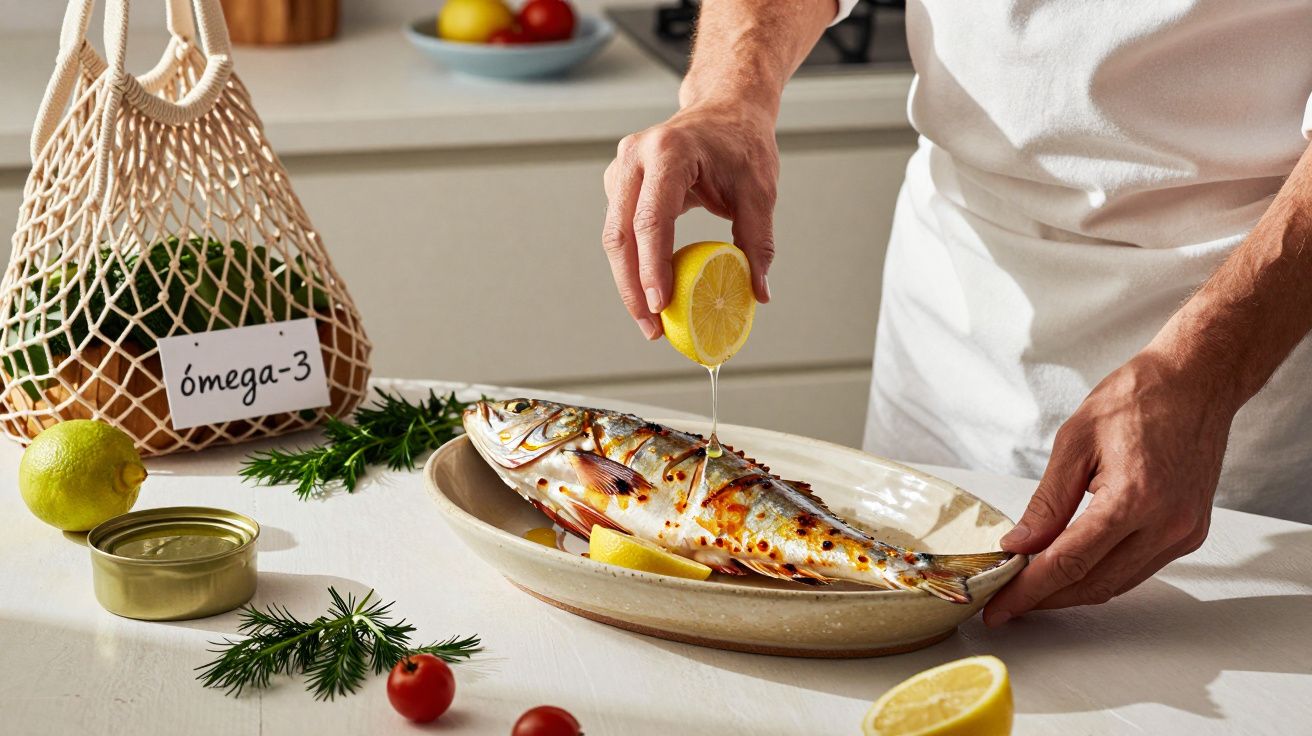 Pessoa espreme limão sobre peixe grelhado numa cozinha, com sacola de vegetais rotulada "ómega-3" ao fundo.