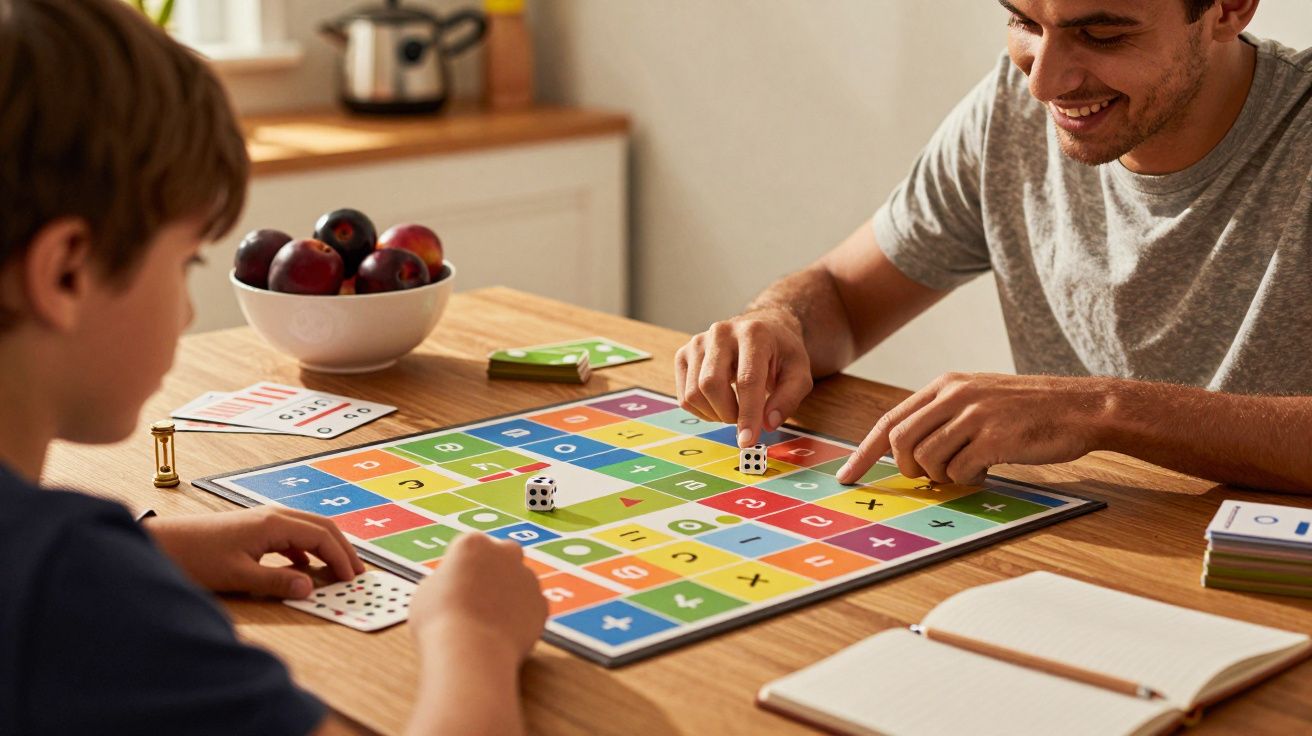 Duas pessoas jogam um jogo de tabuleiro colorido numa mesa de madeira, com cadernos e frutas ao lado.