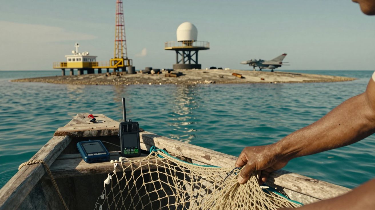 Homem num barco pesca perto de uma ilha com estação meteorológica, avião e torre.