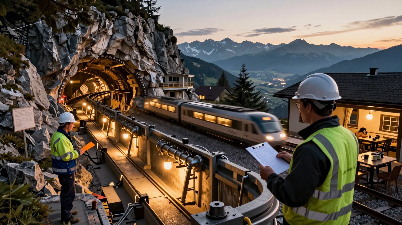 Trabalhadores com coletes refletores supervisionam um comboio que sai de um túnel numa paisagem montanhosa ao pôr do sol.