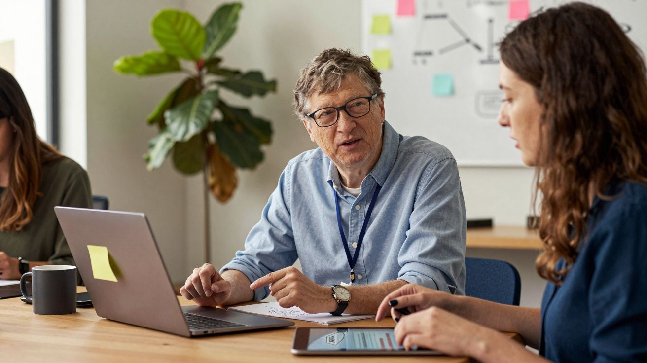 Homem e mulher em reunião de trabalho, discutindo frente a portáteis numa sala de escritório luminosa.