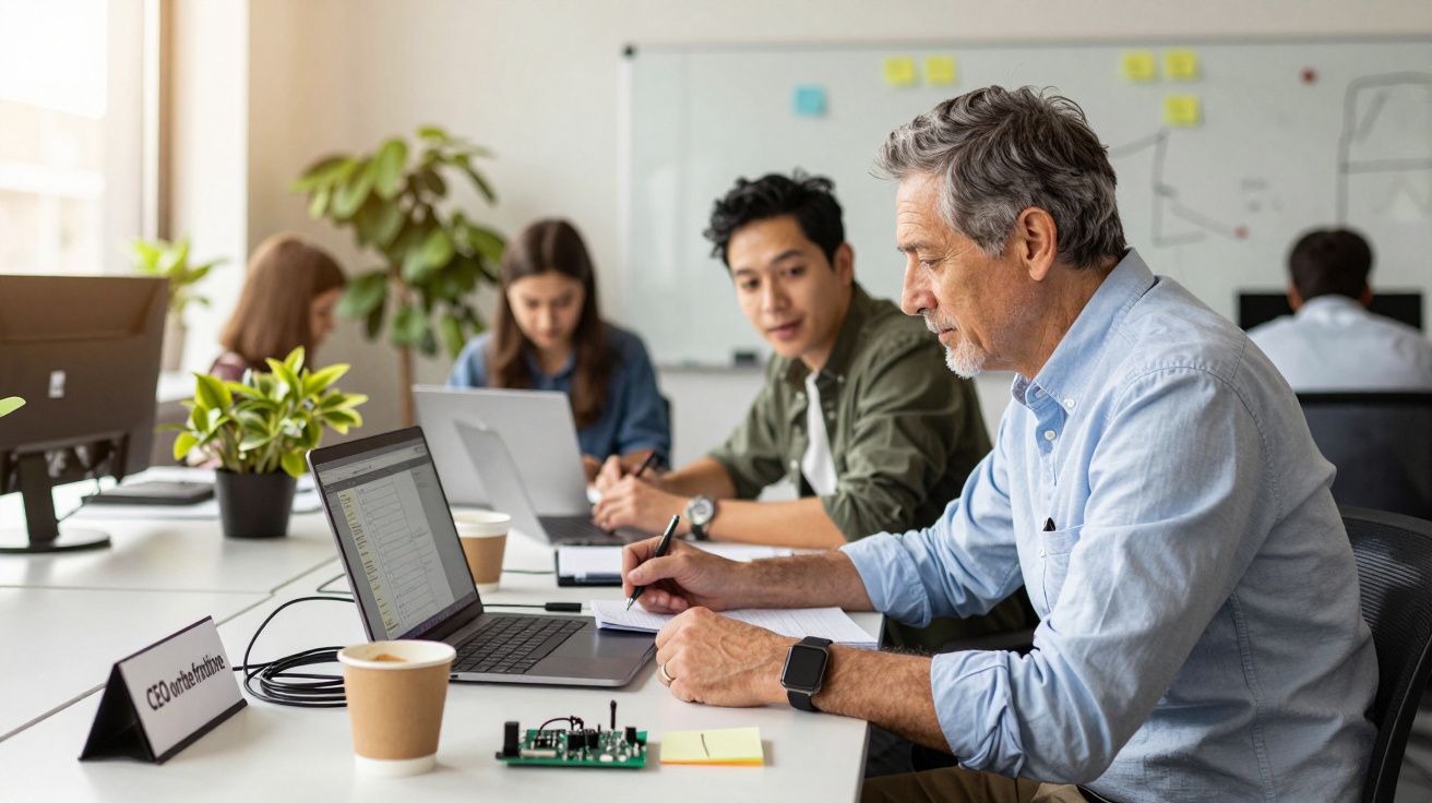 Homem mais velho trabalha em portátil, rodeado por colegas em escritório moderno com plantas e quadro branco ao fundo.