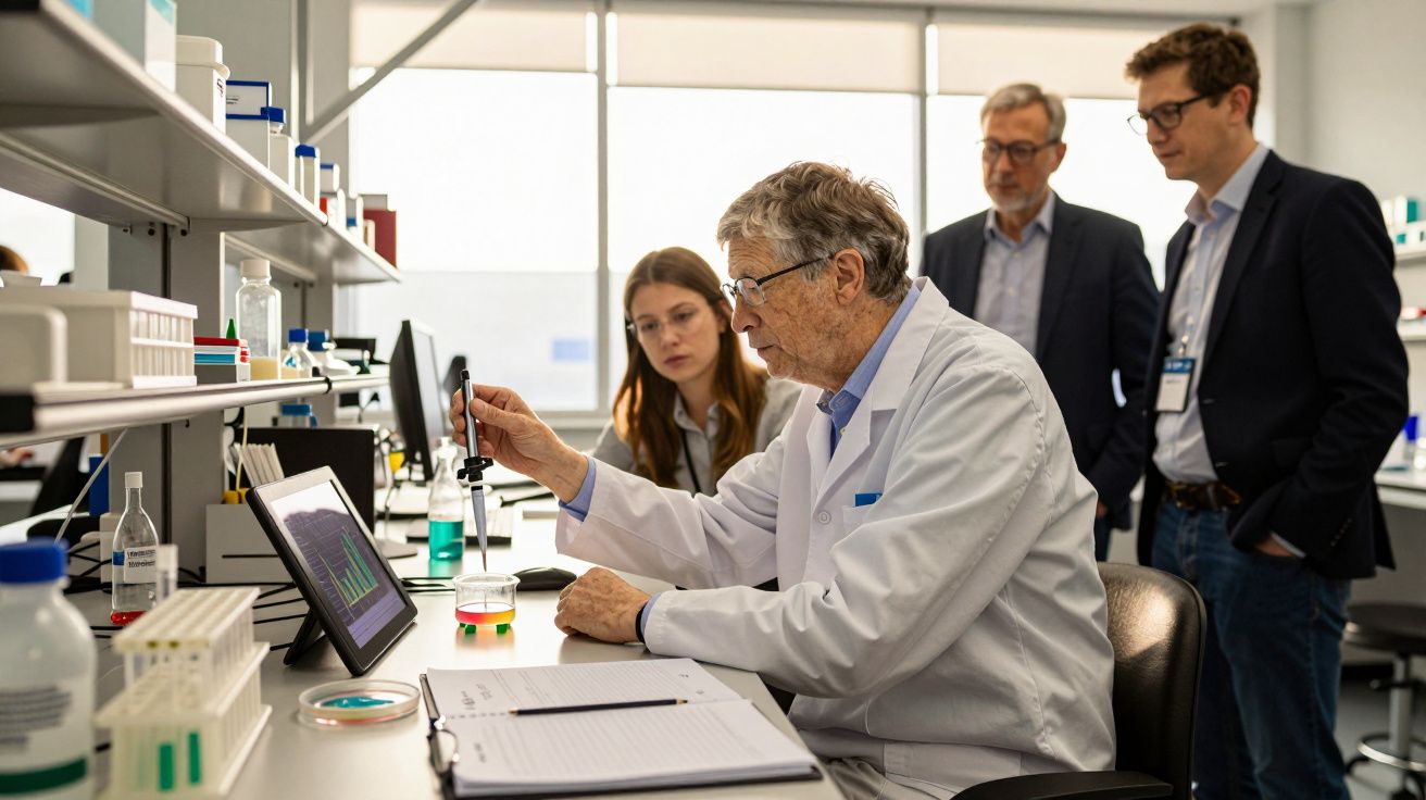 Cientista idoso examina dados num laboratório com três colegas ao fundo, todos focados em pesquisas científicas.