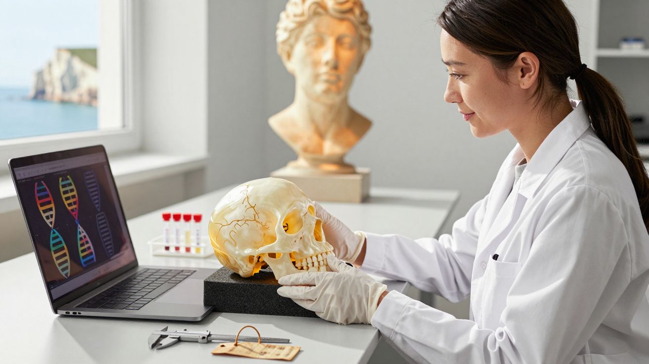 Cientista caucasiana examina crânio humano com laptop ao lado, exibindo sequência de ADN, num laboratório.