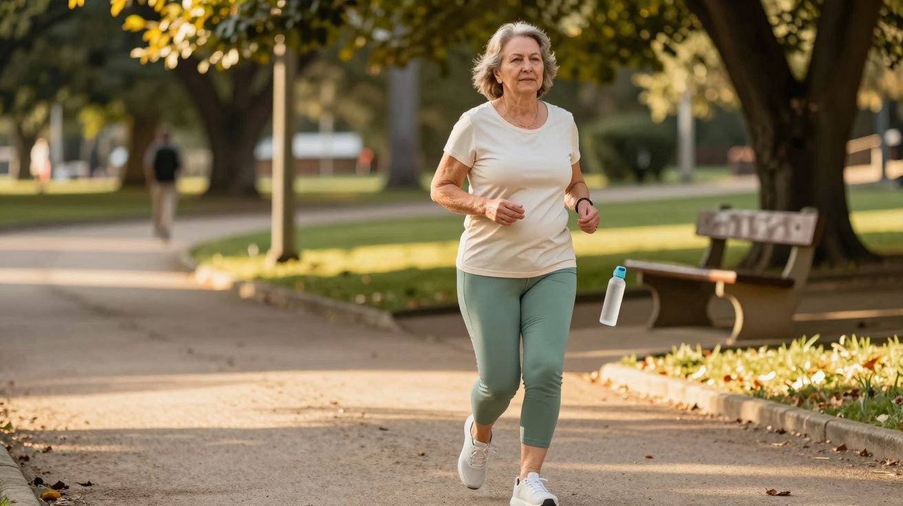 Mulher idosa correndo num parque arborizado com calças verdes, t-shirt bege e garrafa de água.