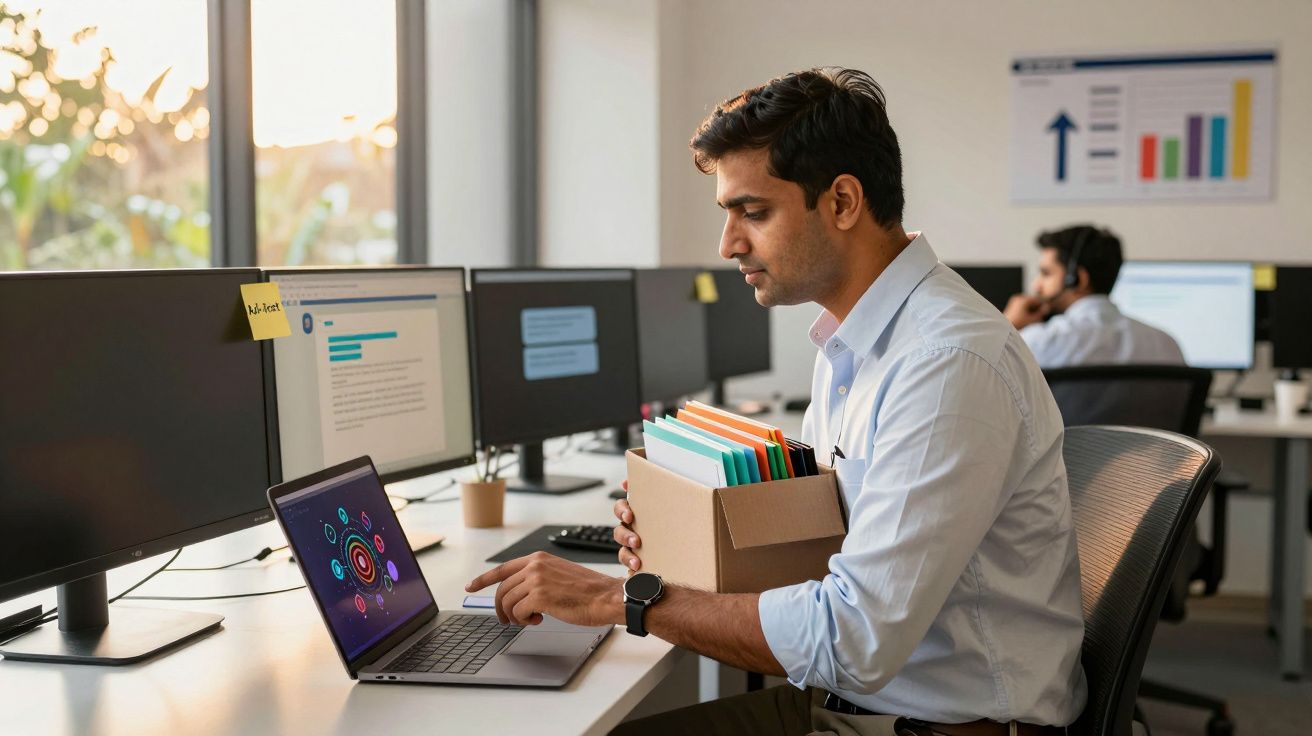 Homem numa sala de escritório, segura caixa com documentos e usa portátil numa mesa com múltiplos monitores.