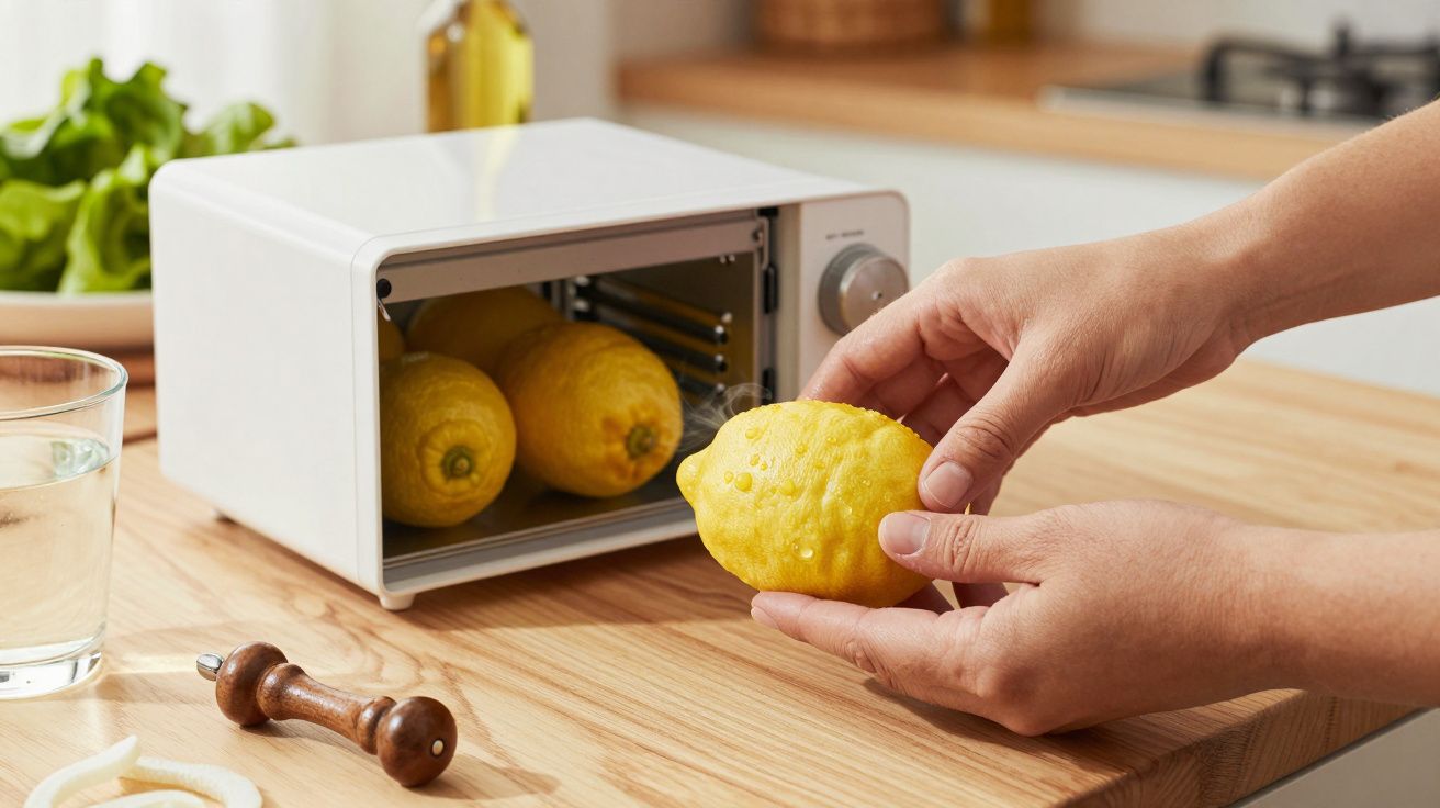 Mãos colocando limão dentro de um pequeno forno branco numa bancada de madeira.