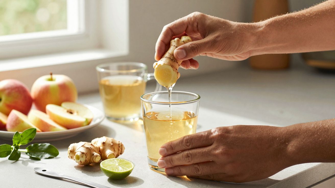 Mãos espremendo gengibre num copo de chá, maçãs e lima ao lado, numa cozinha iluminada pelo sol.
