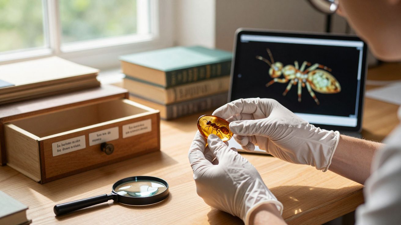 Pessoa analisa inseto em âmbar com luvas, lupa e computador ao fundo mostrando imagem ampliada de um inseto.