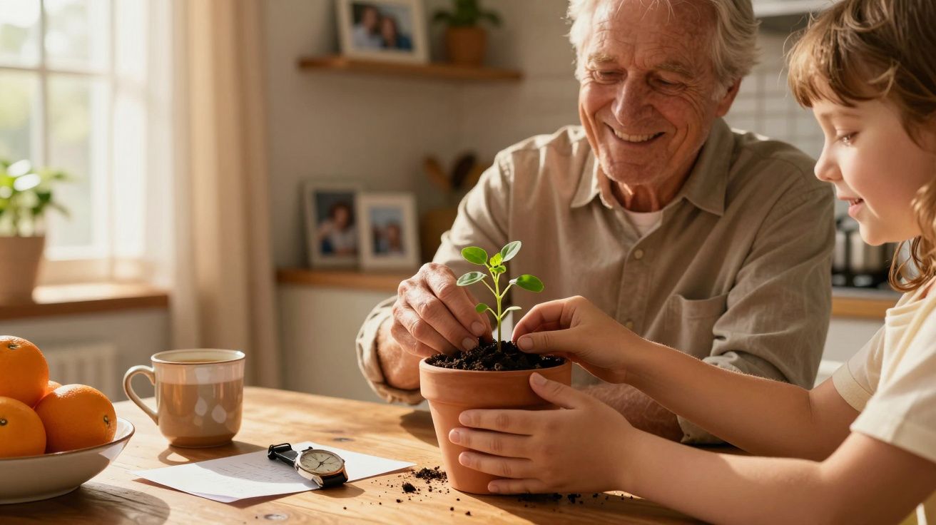 Idoso e criança plantam muda em vaso numa cozinha iluminada pelo sol. Mesa com chávena, laranjas e relógio.