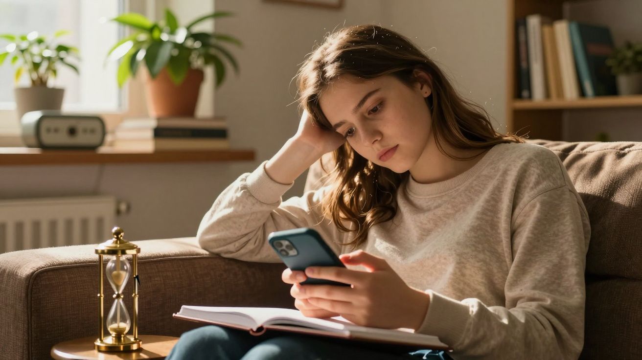 Mulher jovem no sofá, segurando telemóvel com livro aberto ao lado, com plantas e ampulheta em estante ao fundo.