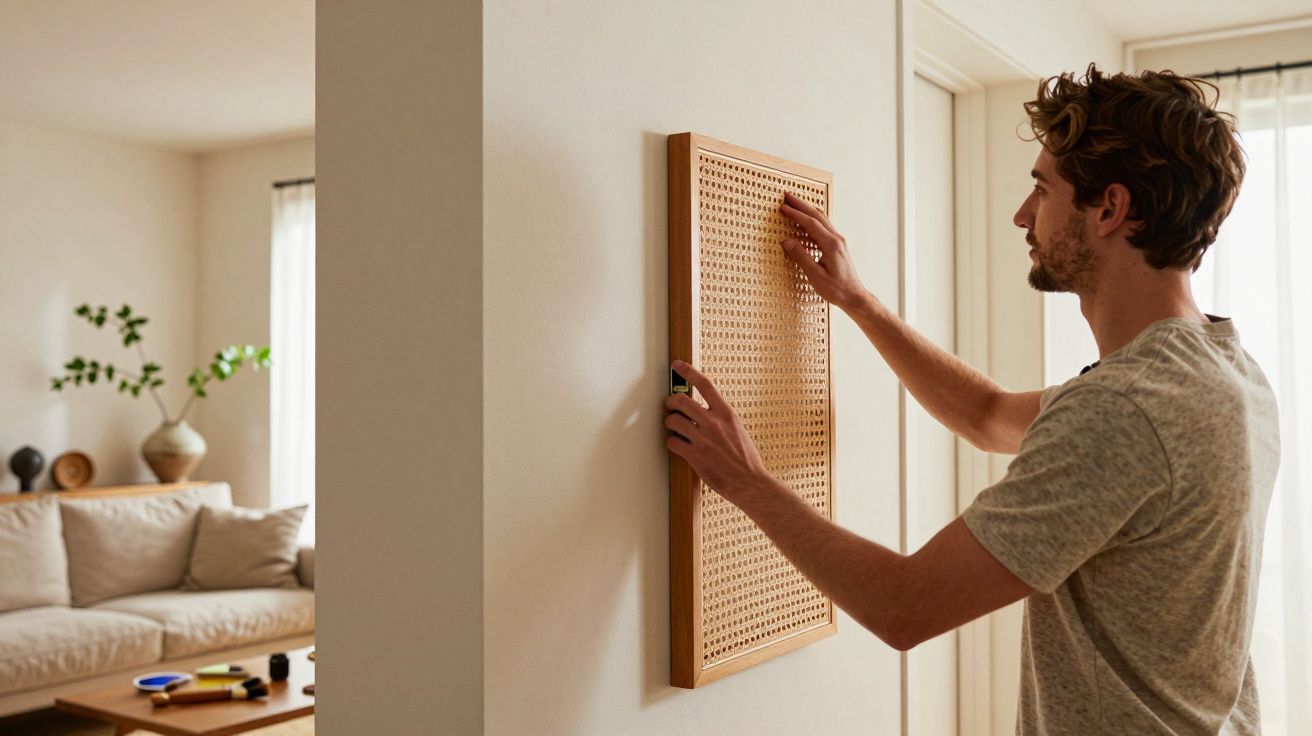 Homem coloca um painel de madeira perfurado numa parede branca, com uma sala de estar minimalista ao fundo.
