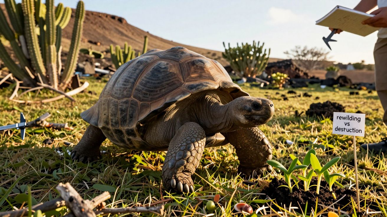 Tartaruga gigante caminha entre plantas e sinais de "rewilding vs destruction" num cenário de recuperação ambiental.