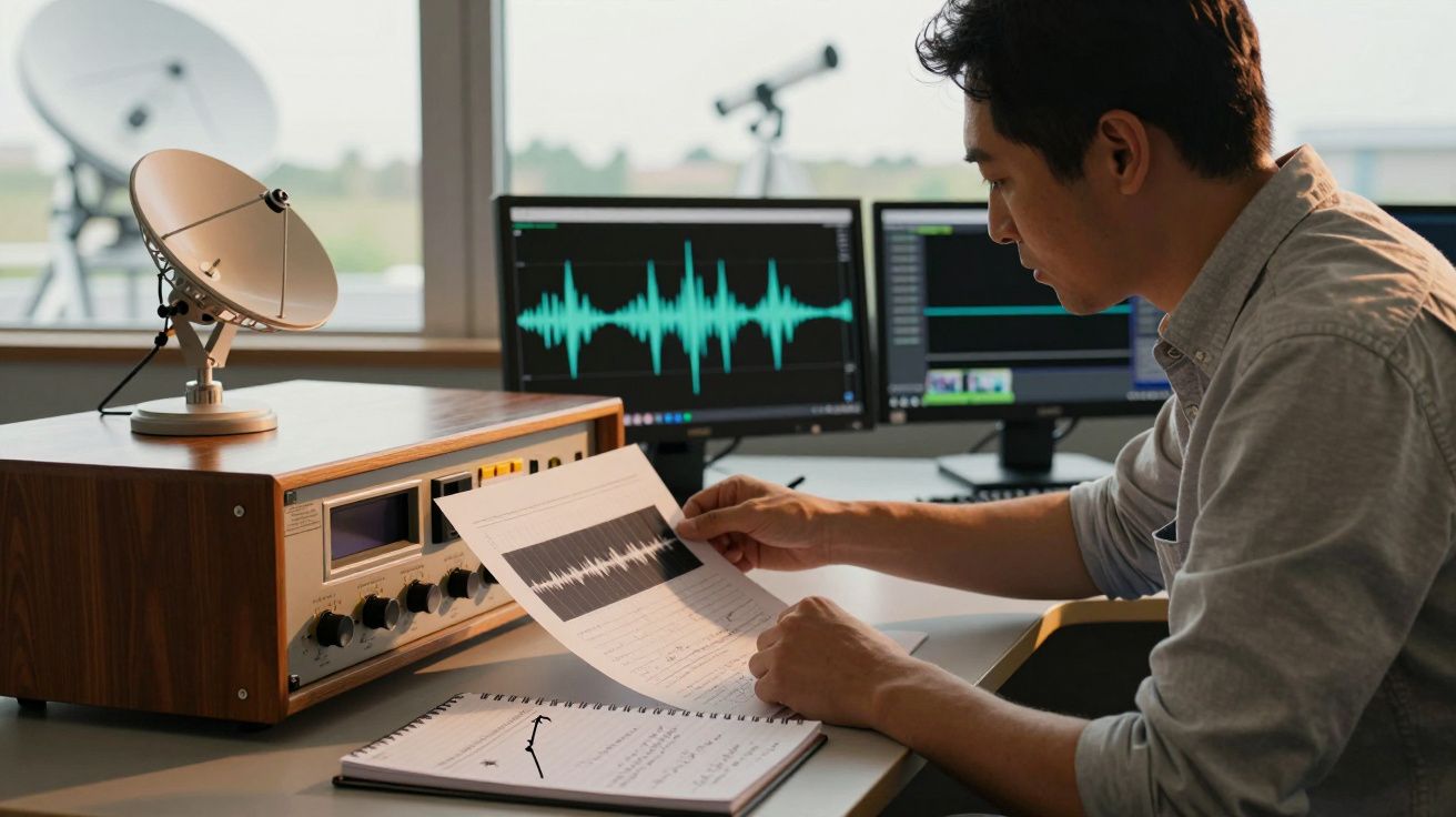 Homem analisa gráficos de ondas sonoras num laboratório com computadores e equipamento de comunicações.