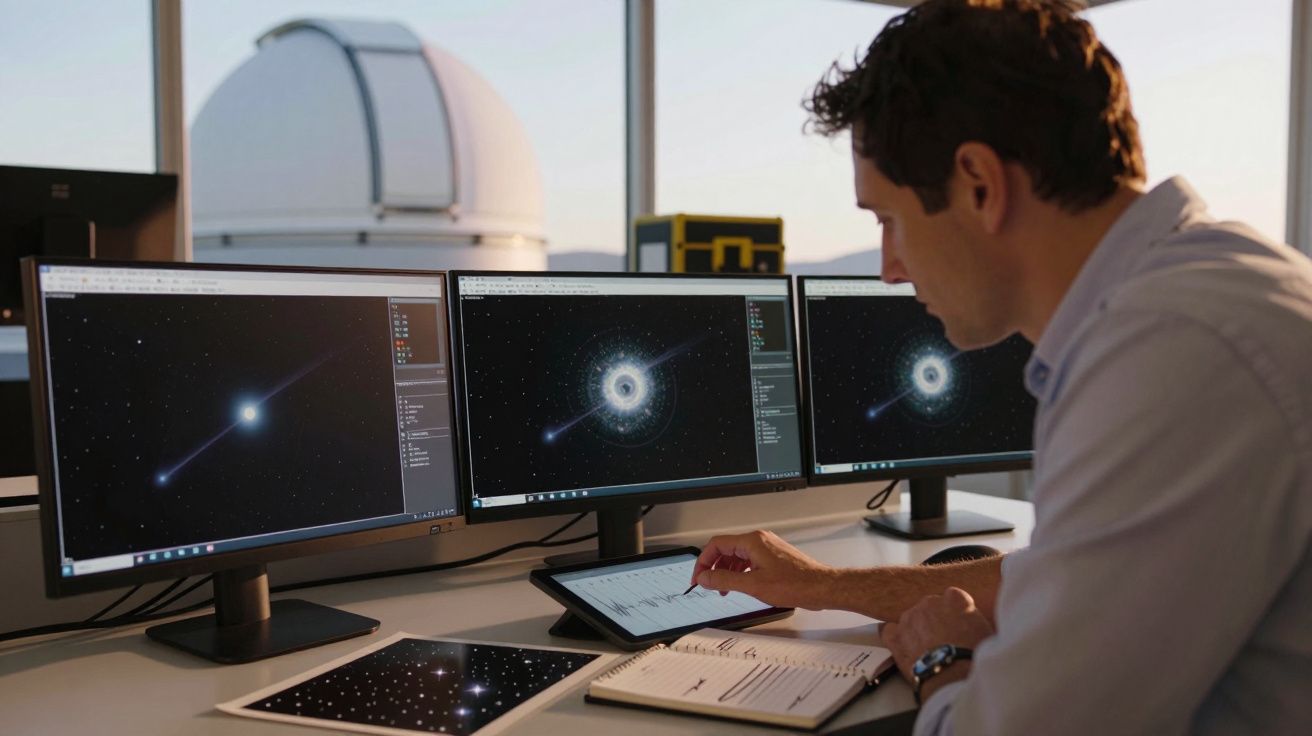 Homem analisa imagens de estrelas em três monitores num observatório astronómico, com cúpula ao fundo.