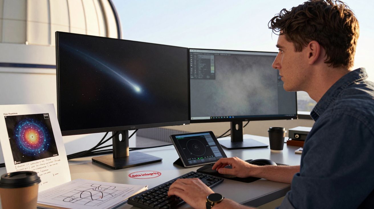 Homem analisa imagens de um cometa em dois monitores num escritório com café, papéis e gráficos.