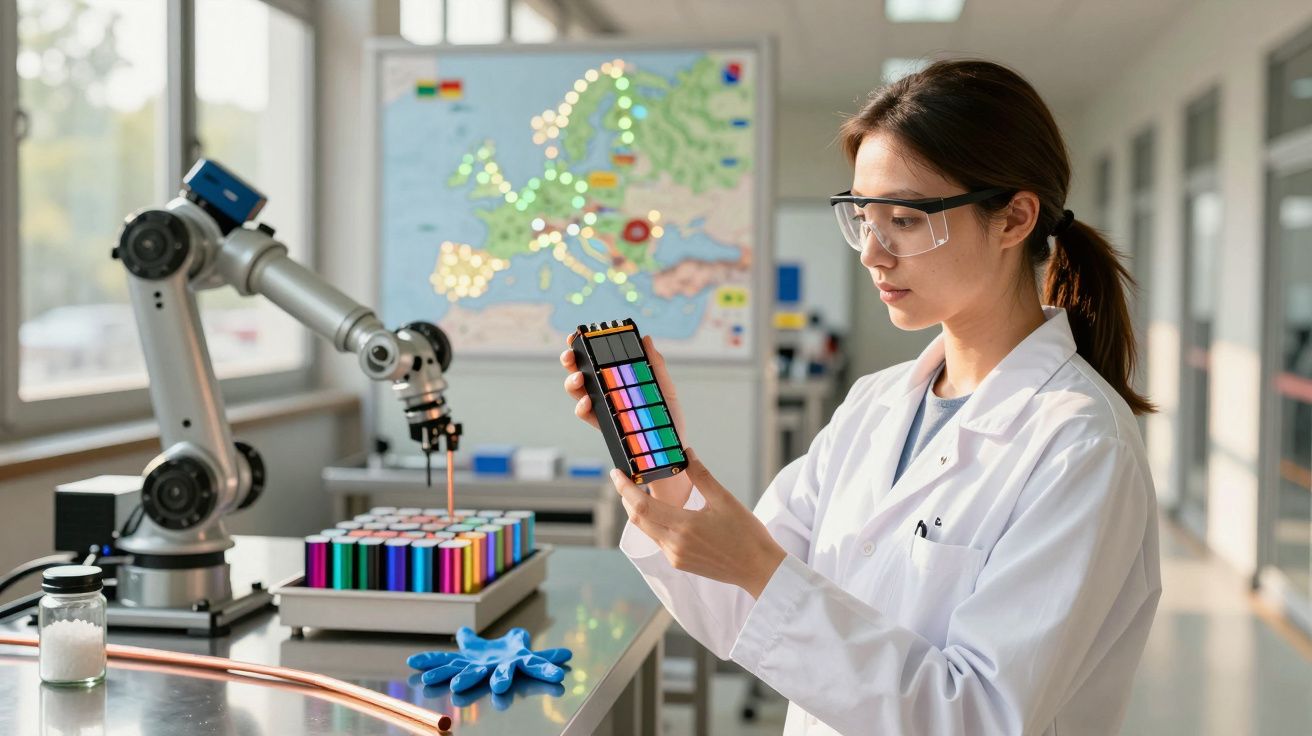 Cientista num laboratório analisa componentes coloridos. Robô ao lado e mapa da Europa ao fundo.